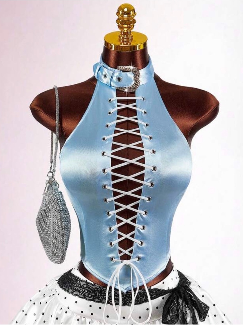 Satin Lace-Up Buckle High Neck Halter Top in Light Blue